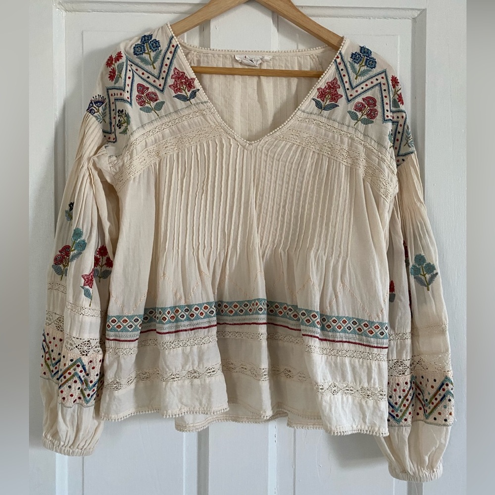 New Anthropologie Flowy Cream Multicolor Beaded Peasant Blouse Size XS